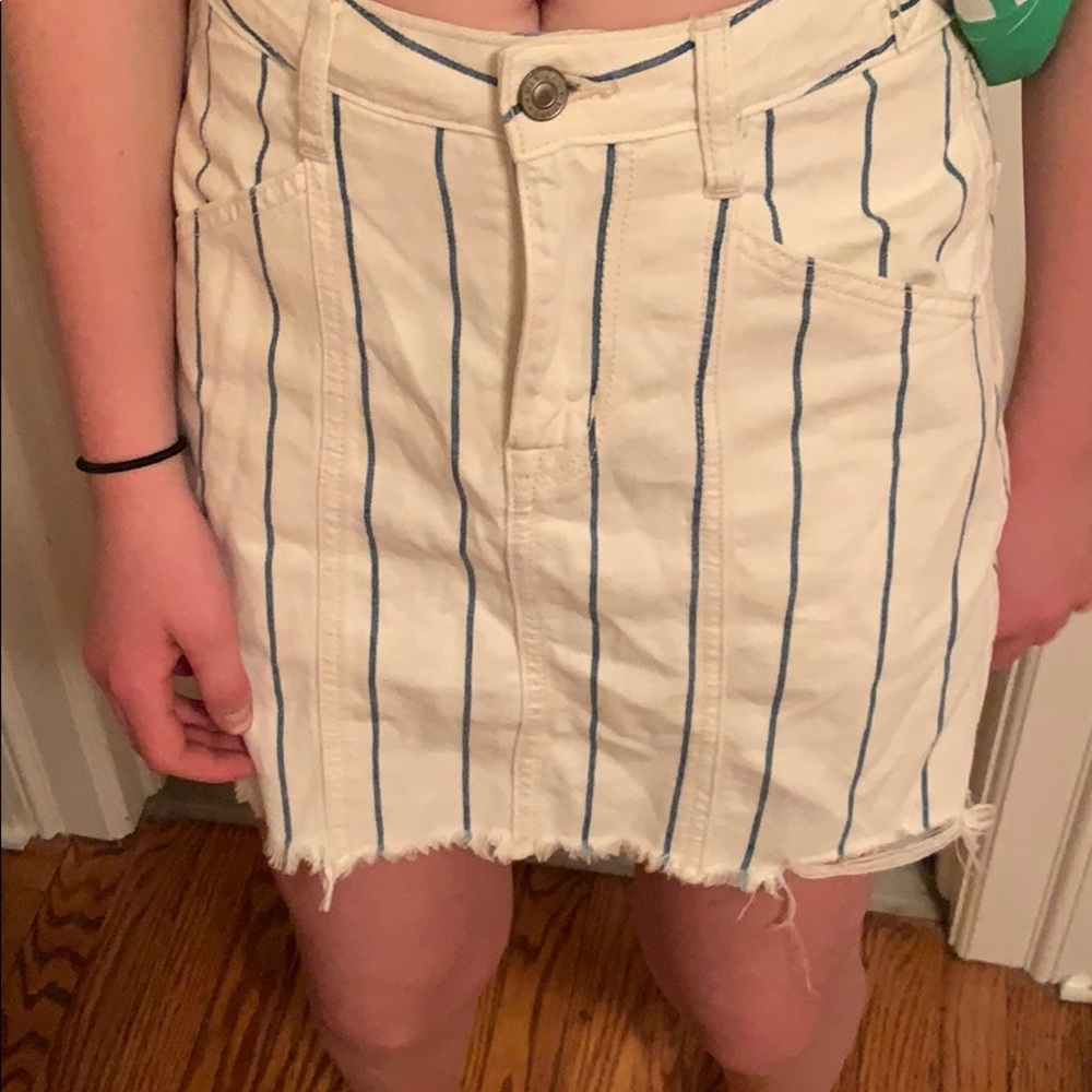 White Denim Skirt with Blue Stripes